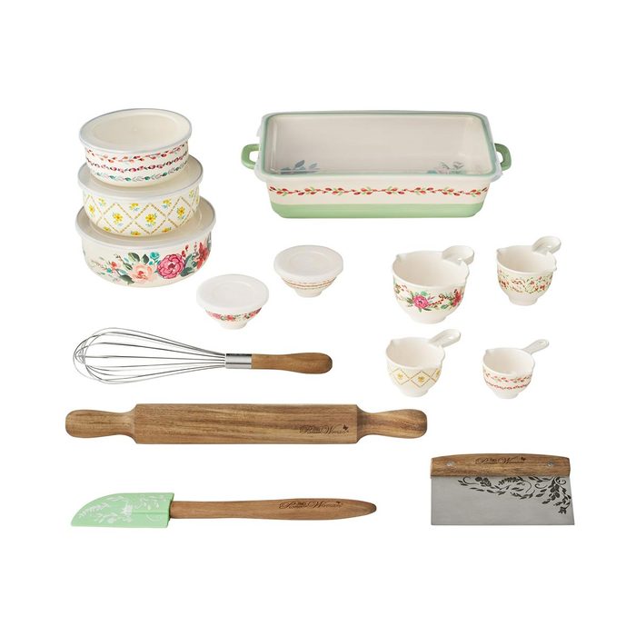 A set of a variety of baking products with speckled designs on a white background