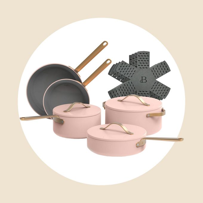 Beautiful 12pc Ceramic Non Stick Cookware Set, Rose By Drew Barrymore