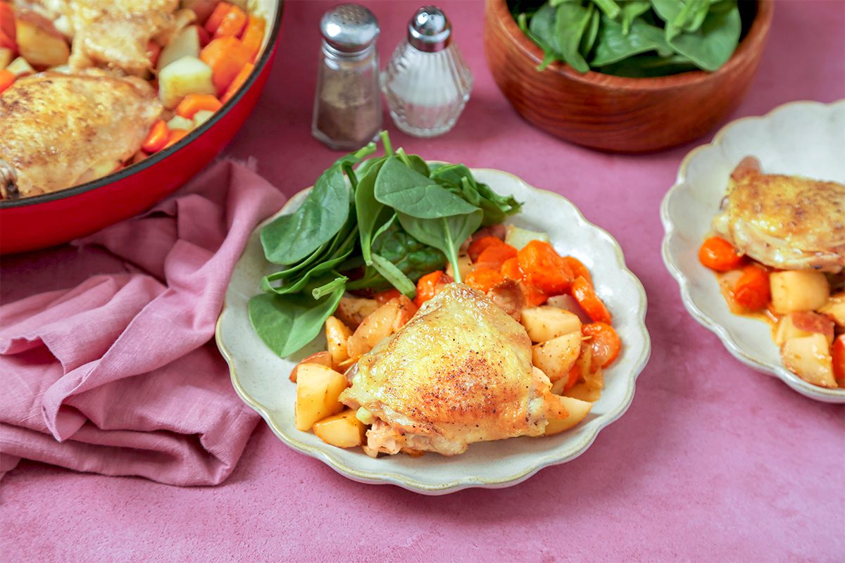 Dutch Oven Chicken Thighs is ready and served in a plate