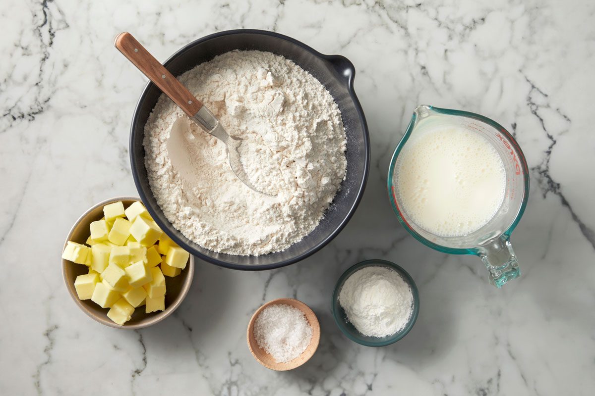 Overhead shot of all ingredients; spoon; marble surface