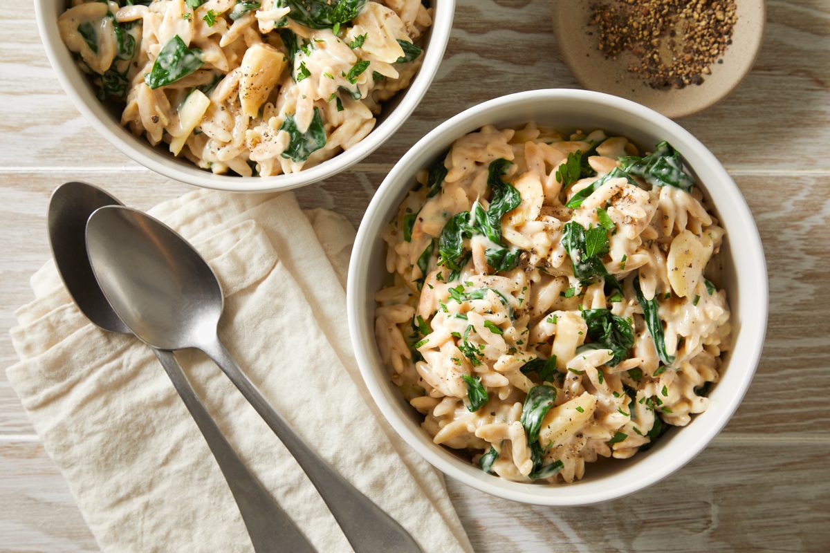 Overhead shot of Creamy Roasted Garlic & Spinach Orzo