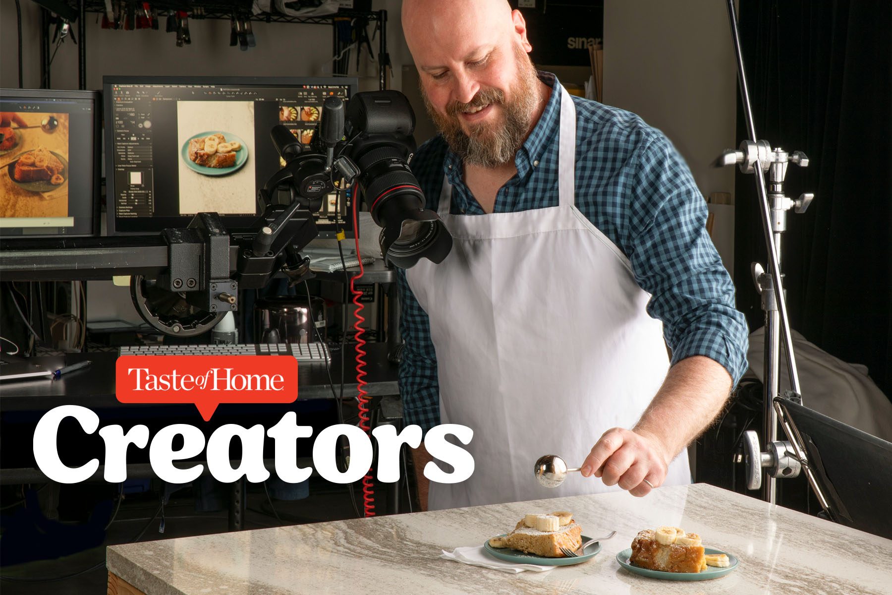 Food content creator at work in a studio environment with Taste of Home Creators logo overlay