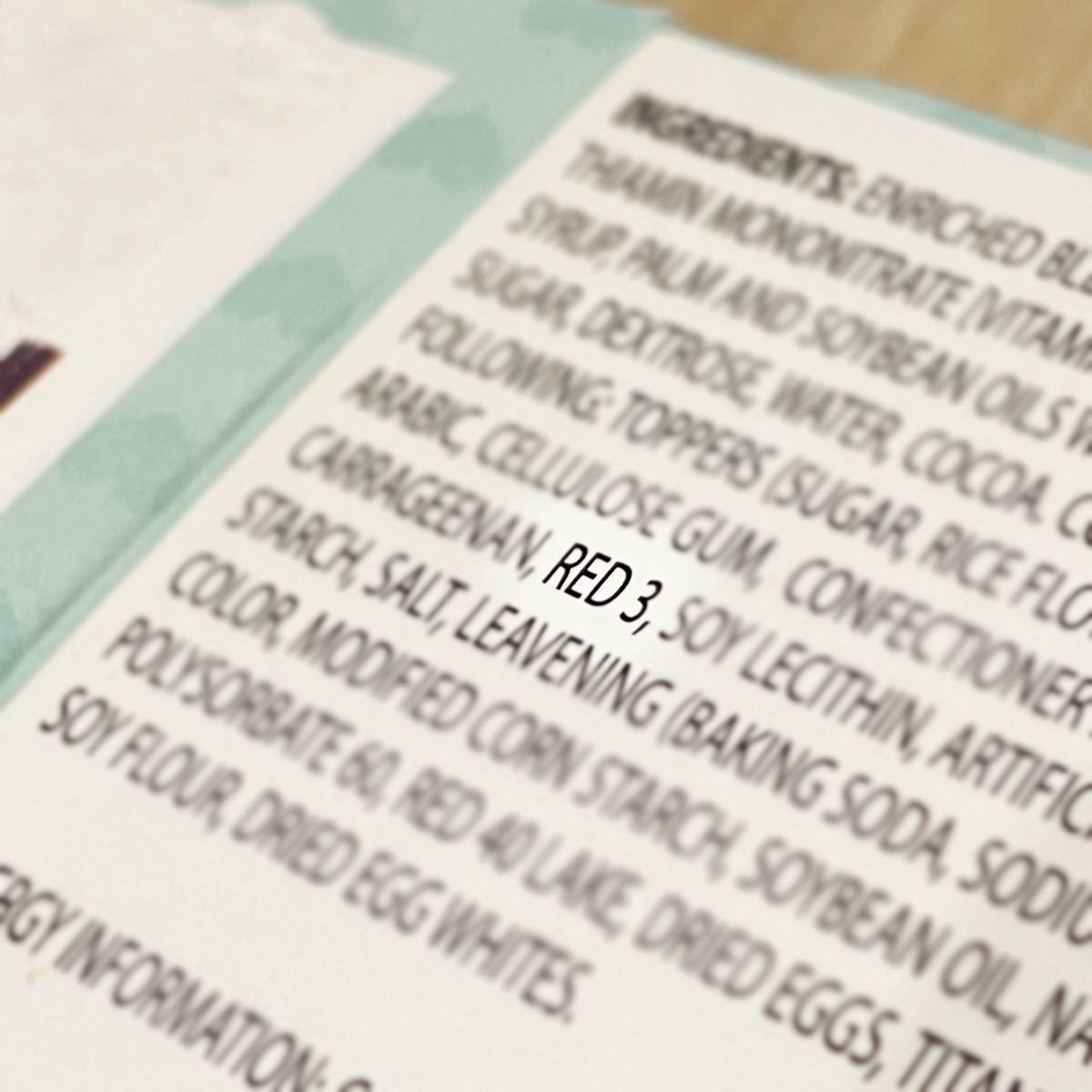 Ingredients list of a food product with "Red 3" highlighted