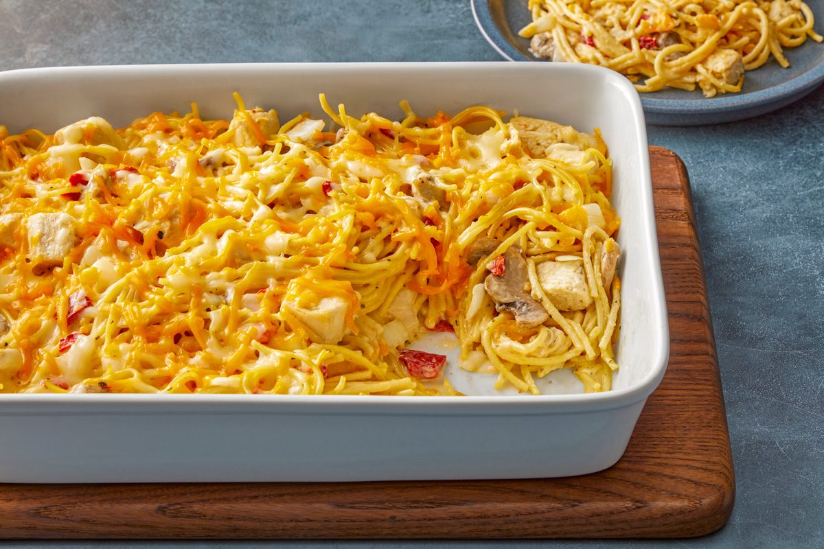 3/4th shot of Chicken Spaghetti Casserole