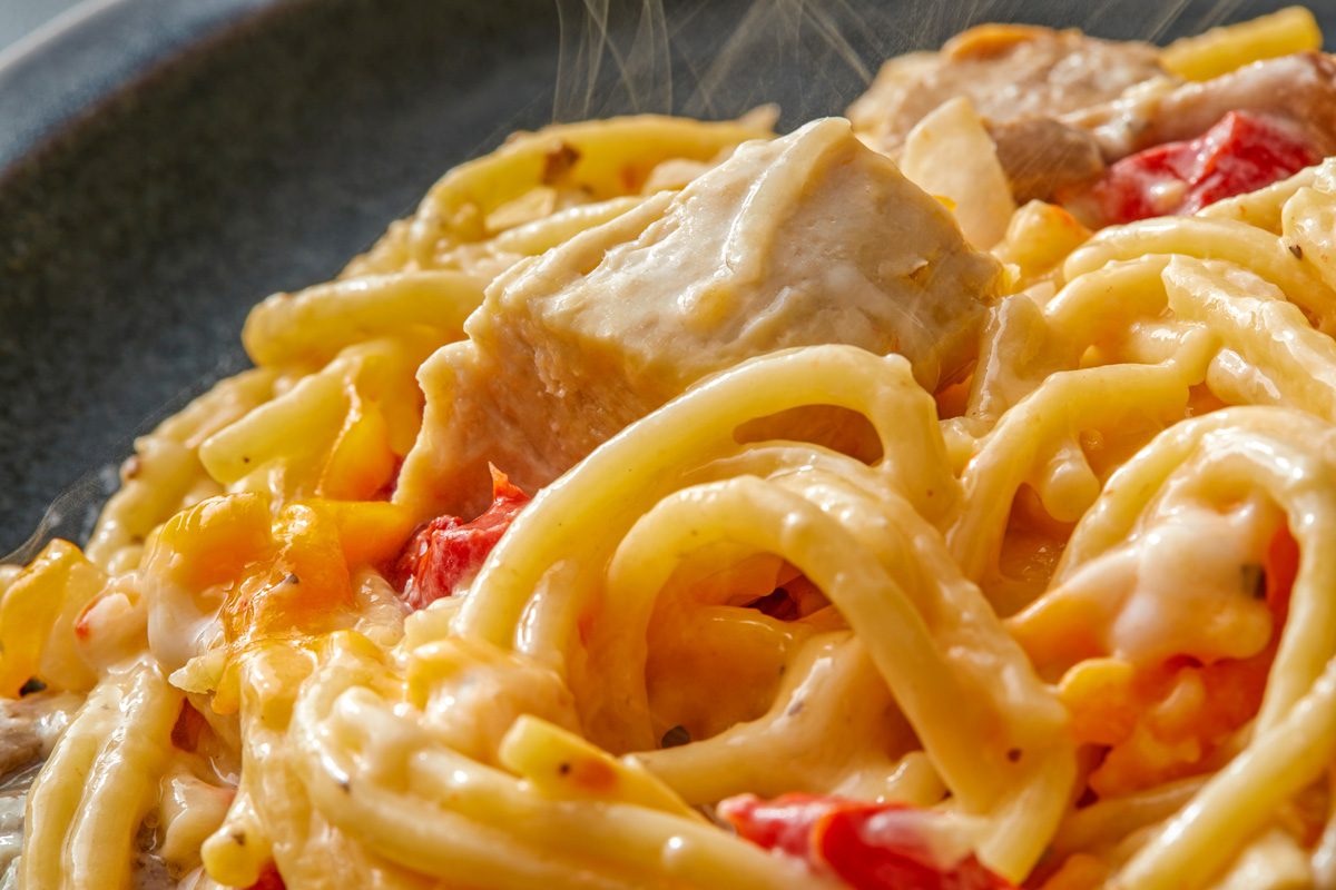 close up shot of Chicken Spaghetti Casserole