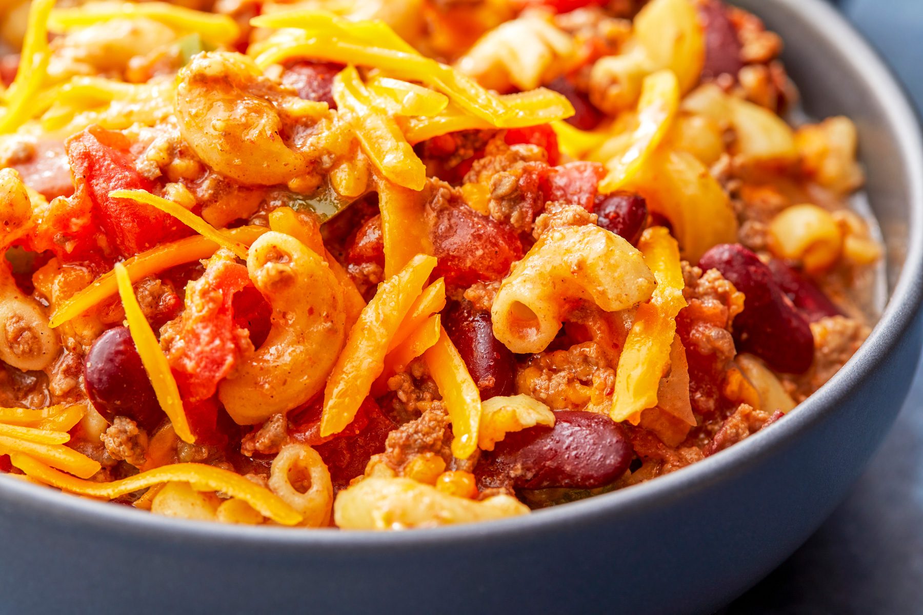 close up shot of Chili Mac and Cheese.