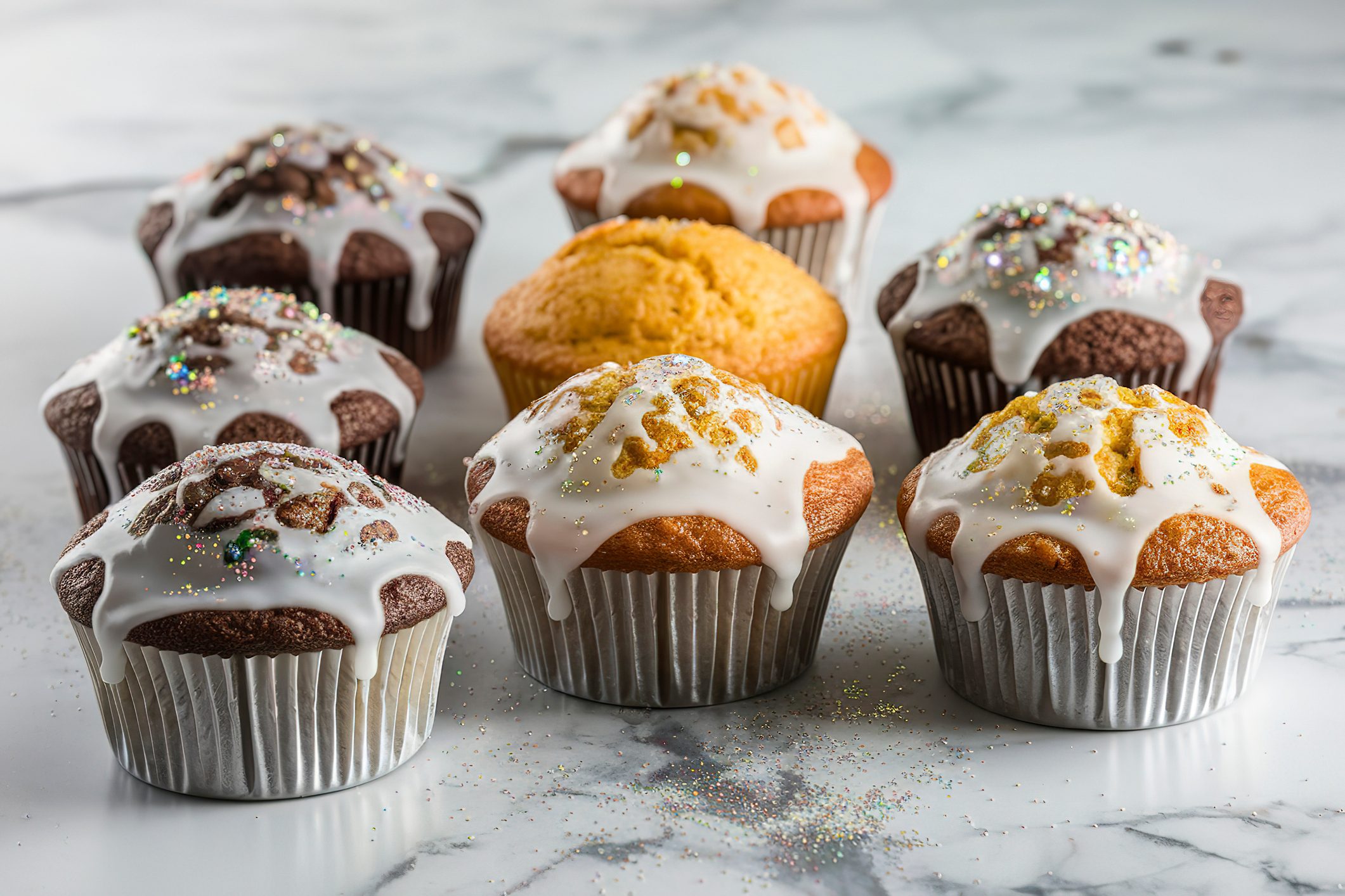A photo of a set of freshly baked muffins with sugar glace icing