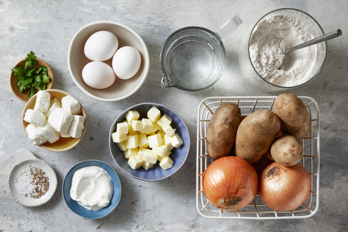 flour, water, eggs, potatoes, onions, butter and cream cheese