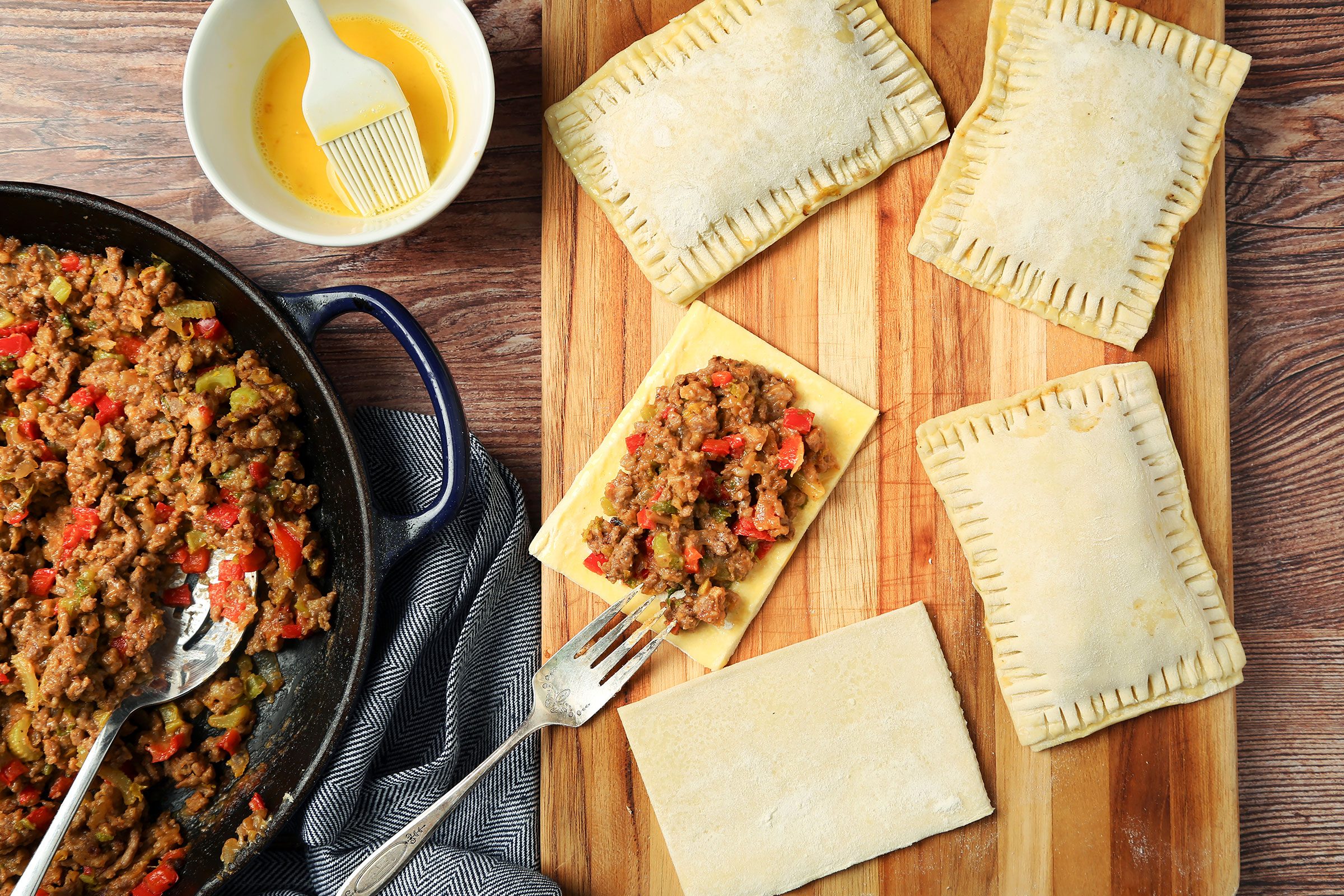 Divided the chilled filling evenly among the centers of nine of the pastry rectangles 