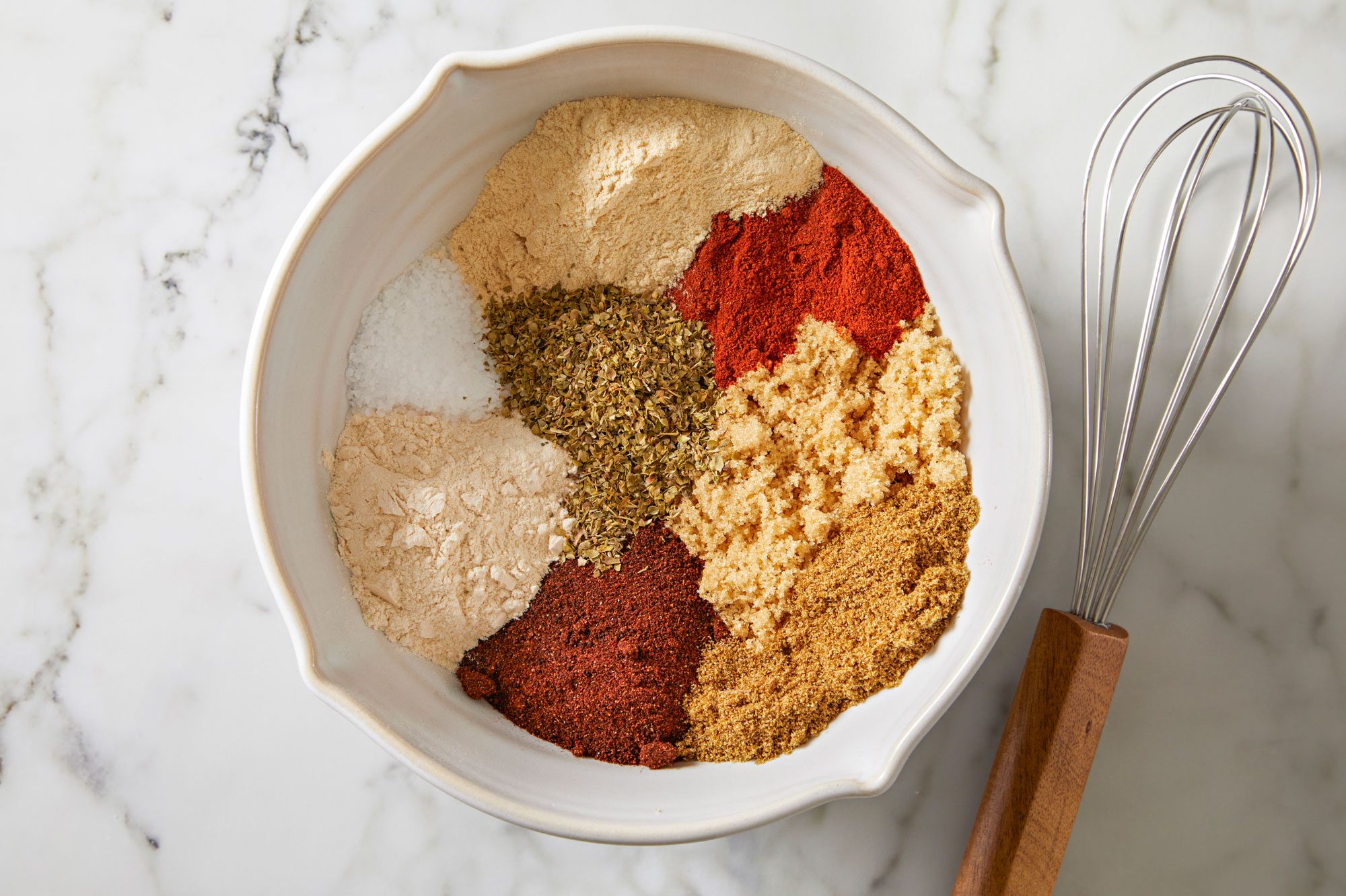 overhead shot of dry spices in a bowl