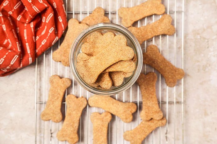 A glass jar filled with homemade peanut butter dog treats