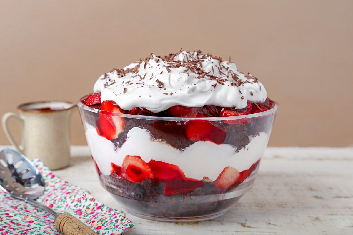 Strawberry Chocolate Trifle assembled in a large bowl