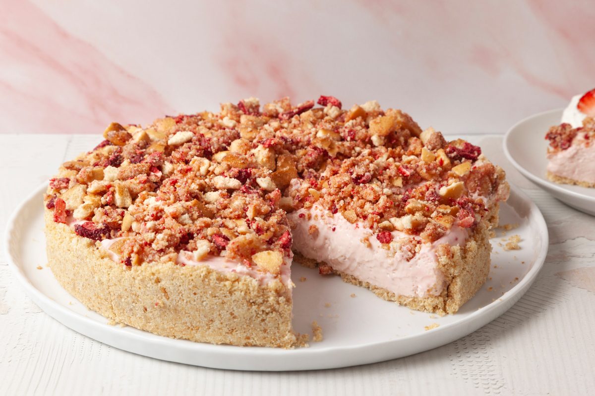 Table view shot of Strawberry Crunch Cheesecake on large plate
