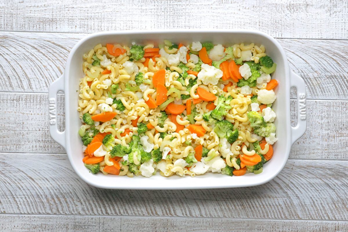 drained pasta and vegetables transferred to a greased 13x9-inch baking dish.
