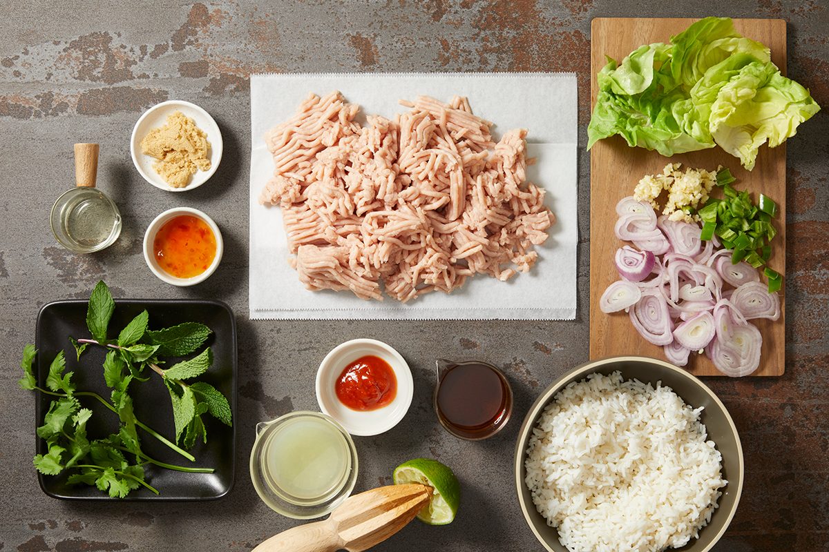 Overhead shot of ingredients on the kitchen counter
