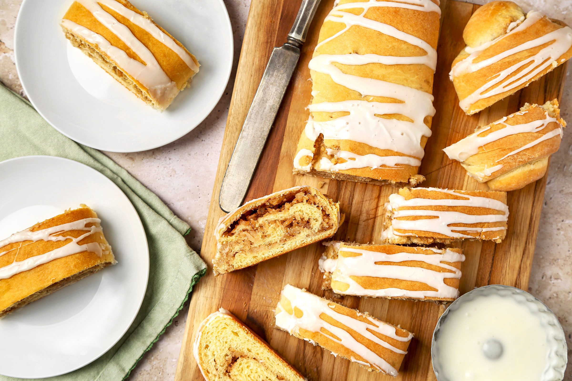 Nut Rolls on wooden board and served on white plates