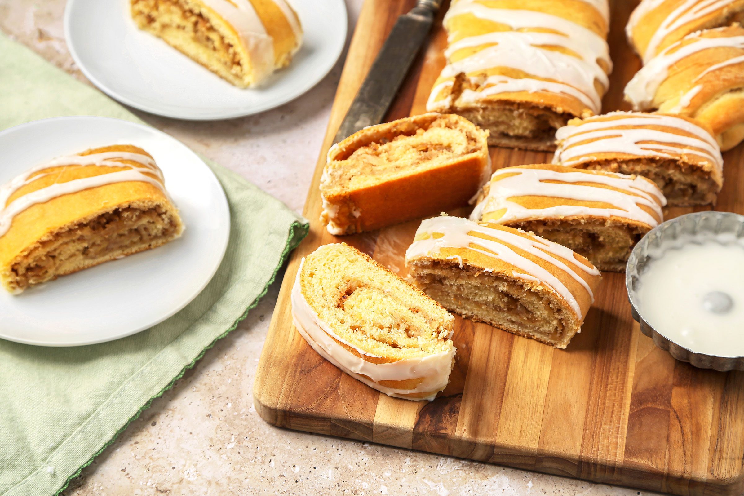 Nut Rolls on wooden board and served on white plates