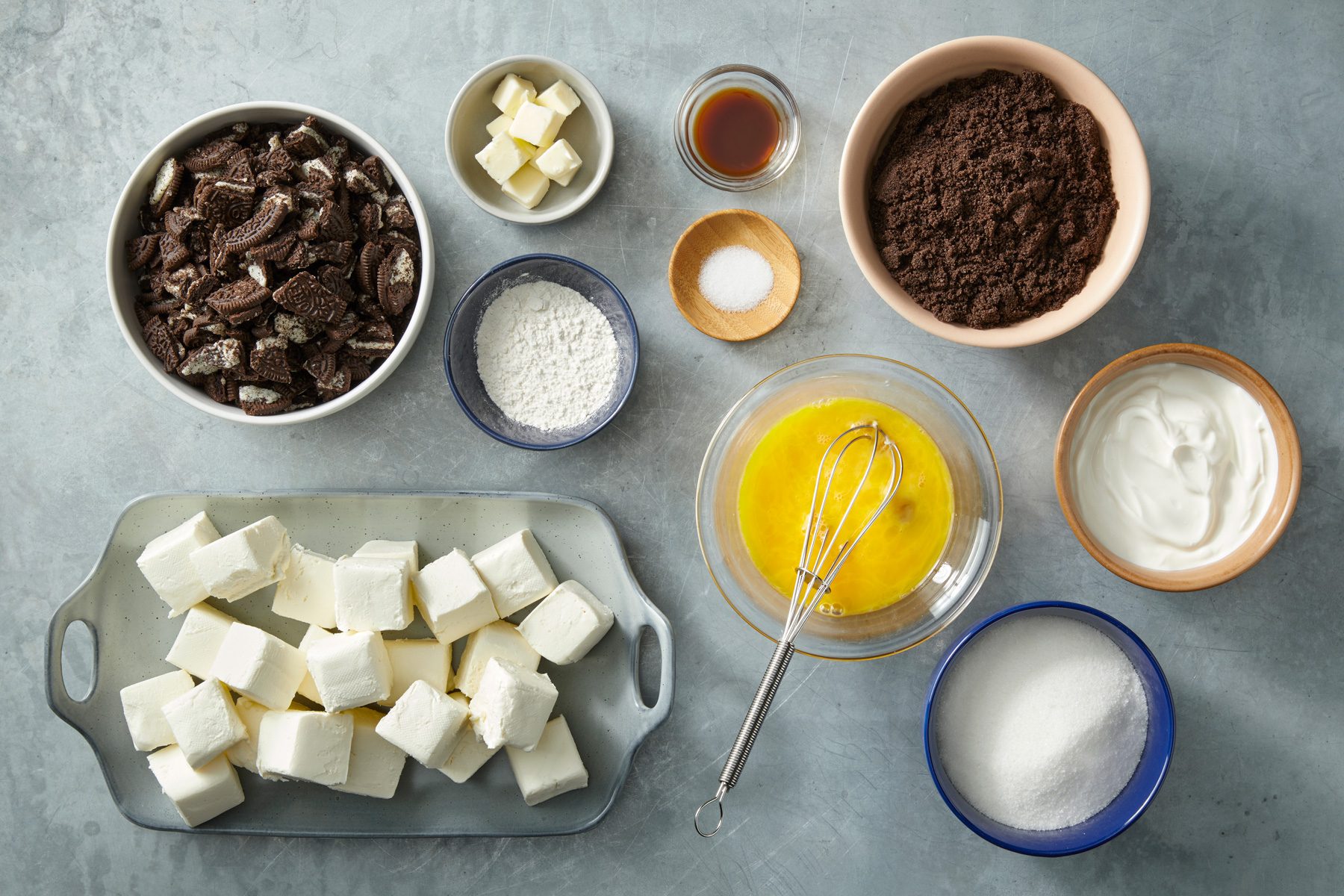 Overhead shot of all ingredients; all set on a grey surface;