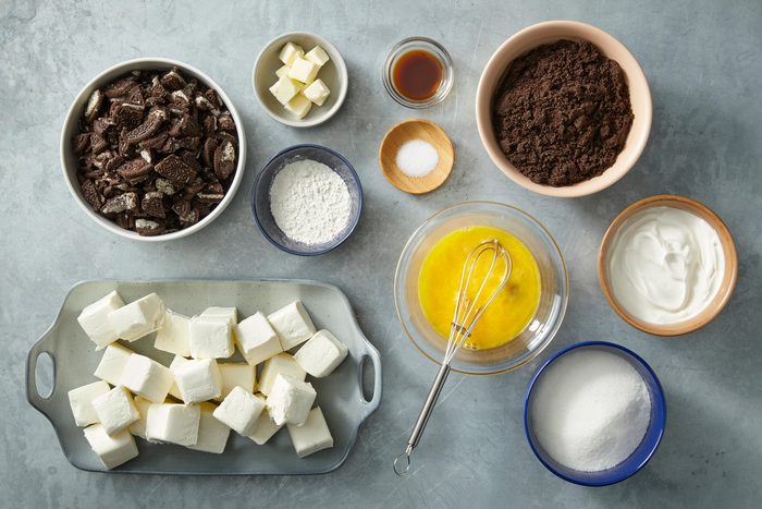 Overhead shot of all ingredients; all set on a grey surface;