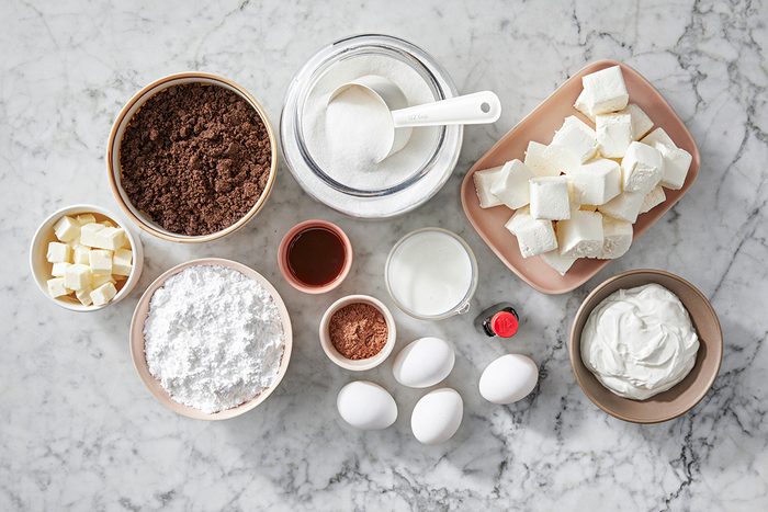 Overhead shot of all ingredients; on a marble surface