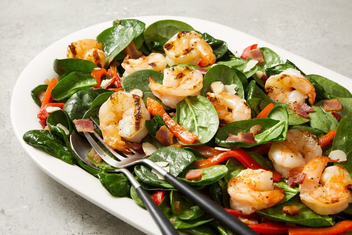 3/4th shot of Shrimp and Spinach Salad with Hot Bacon Dressing;