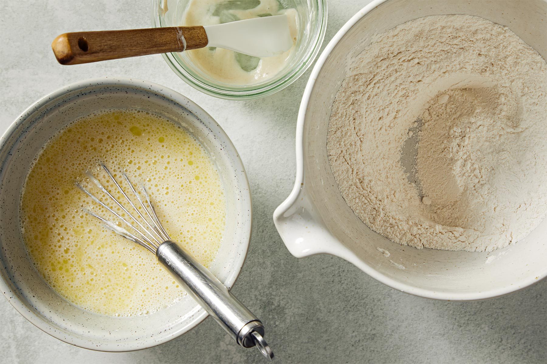 In a large bowl, whisk together flour, sugar, baking powder, baking soda and salt.