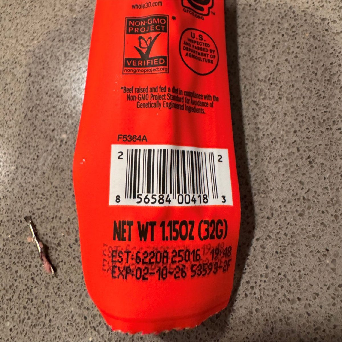 close-up of bar code and lot number of a Chomps beef jerky stick package