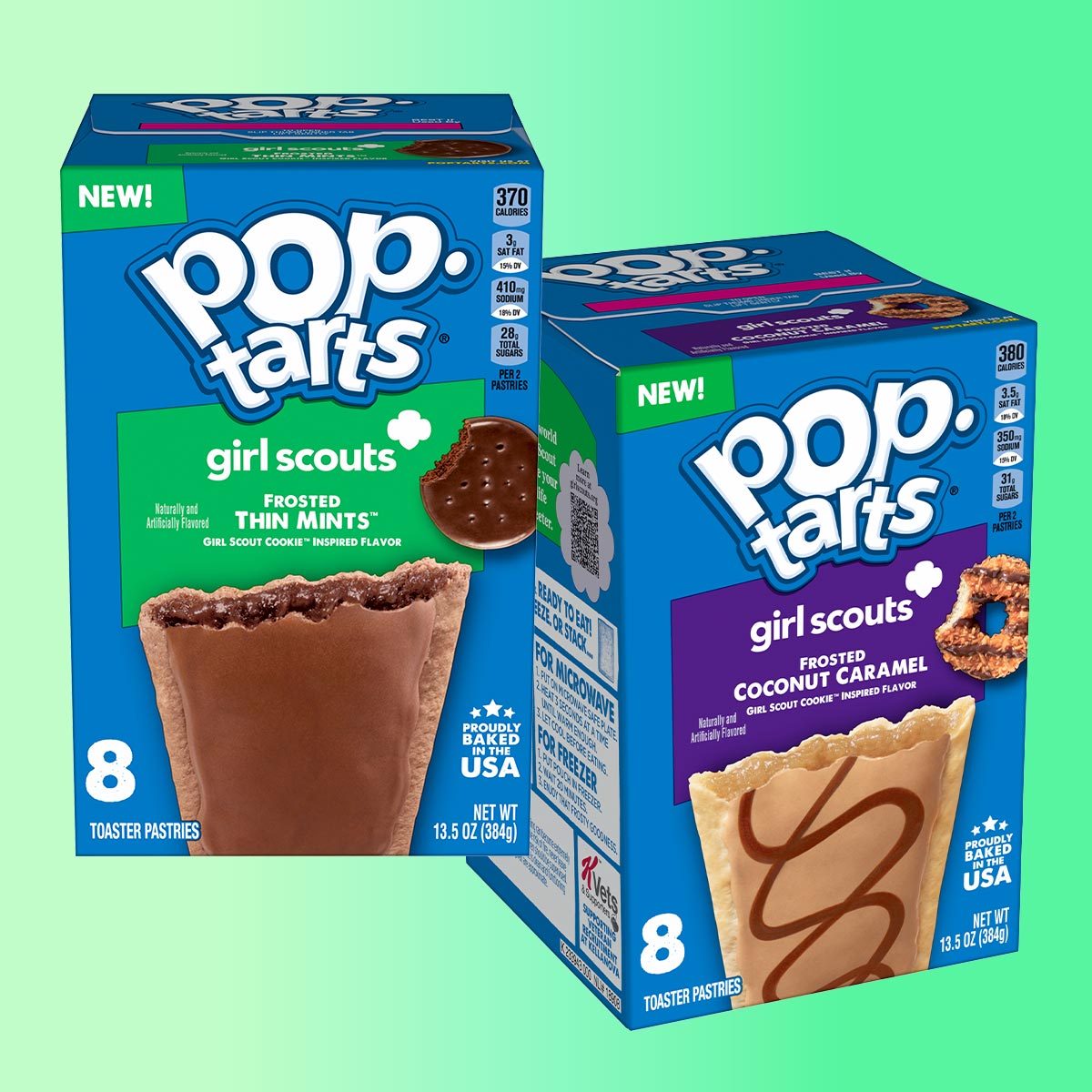 Box of Thin Mints pop Tarts next to a box of Coconut Carmel Pop Tarts on a green background
