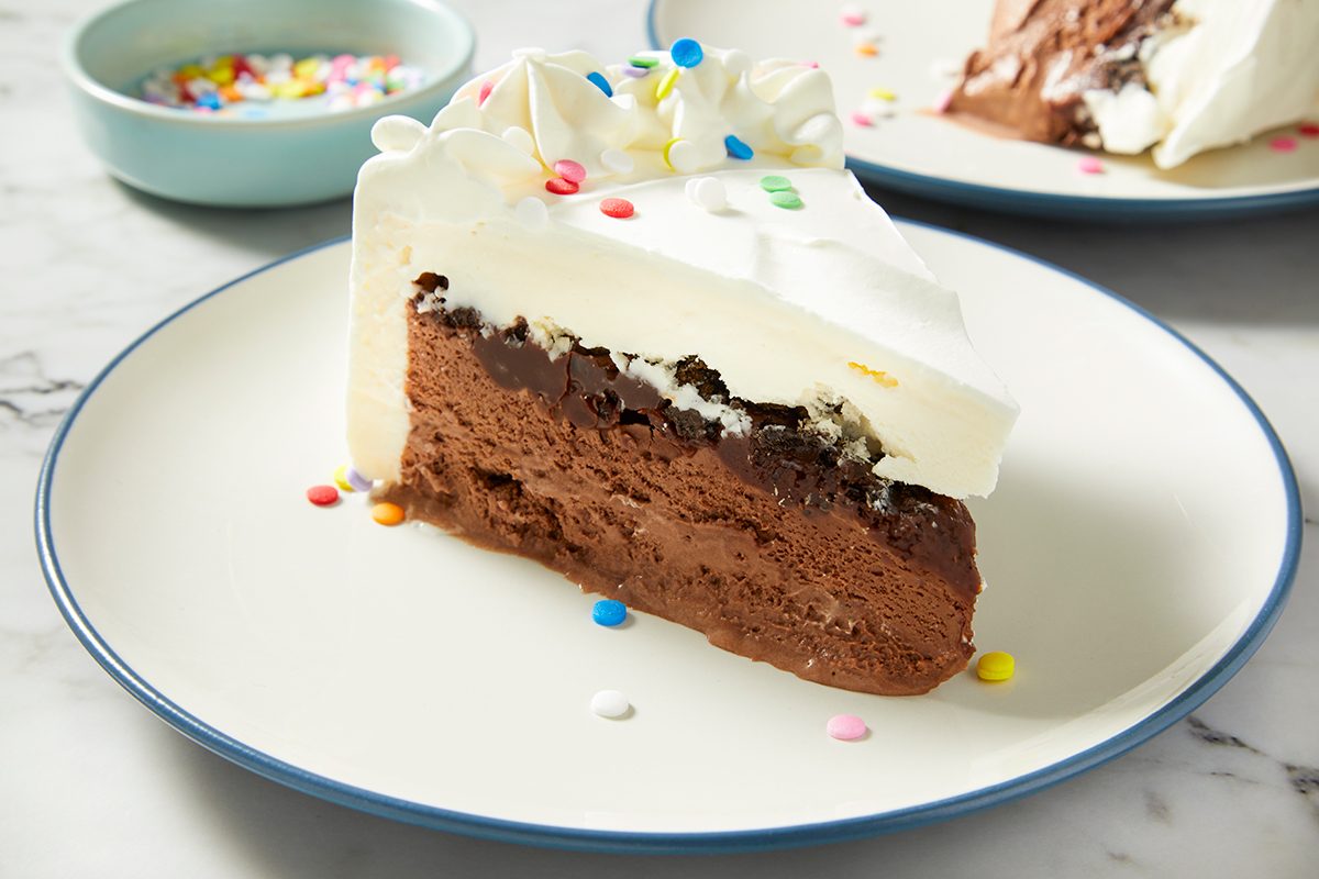 A slice of layered ice cream cake on a white plate with a blue rim. It features layers of chocolate and vanilla ice cream, a chocolate cookie layer, and whipped cream topping.