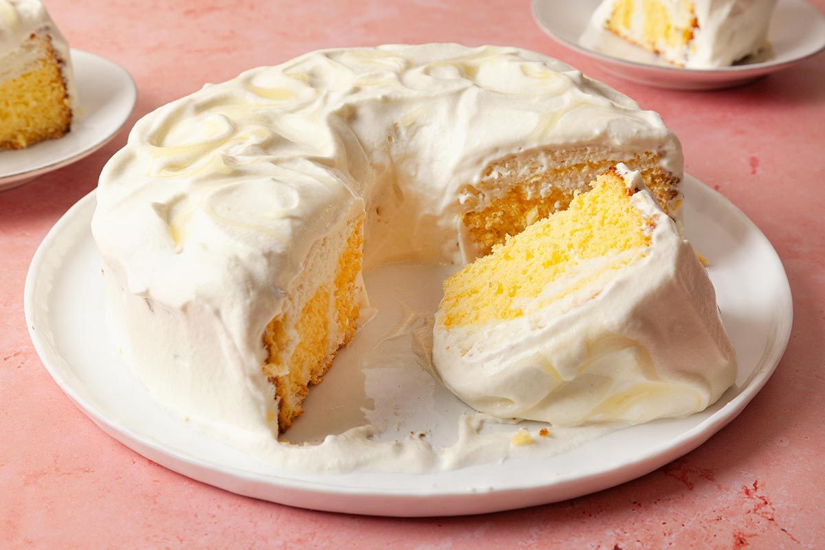 Daffodil Cake presented on a white plate, ready to eat