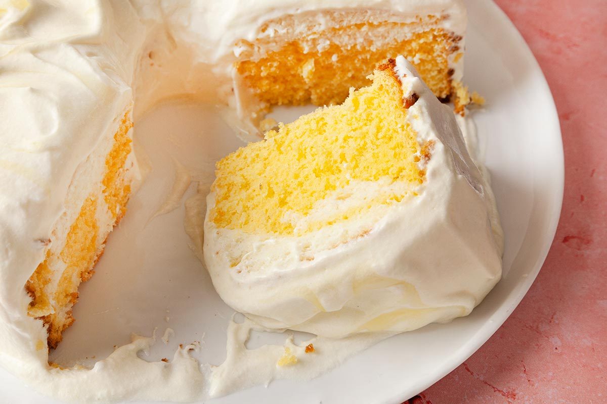 Daffodil Cake presented on a white plate, ready to eat