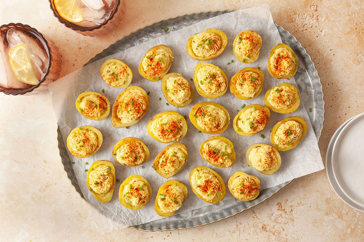 Deviled Potatoes In a tray accompanying with drinks, ready to serve