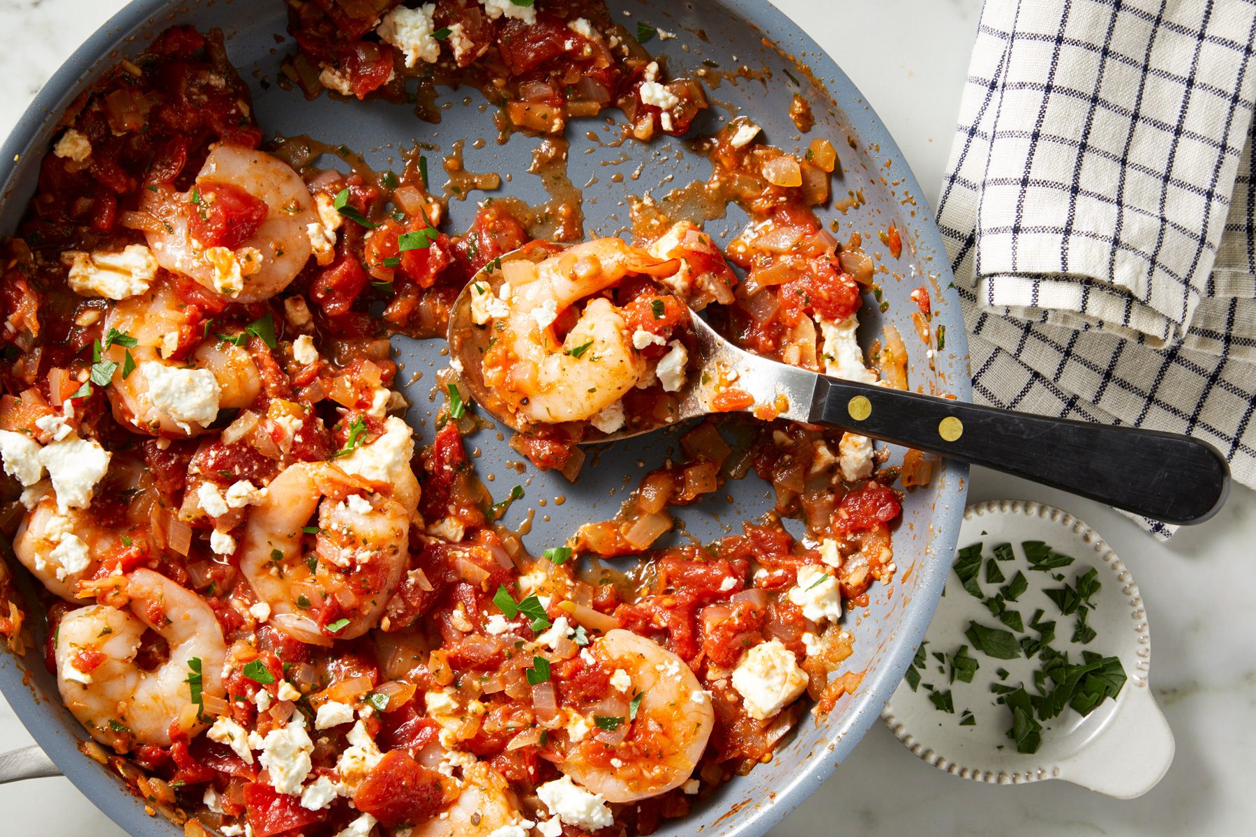 Overhead shot of Feta Shrimp Skillet