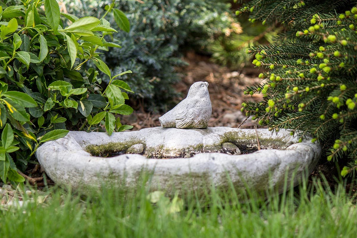 Decorative stone fountain with an artificial bird in a spring garden