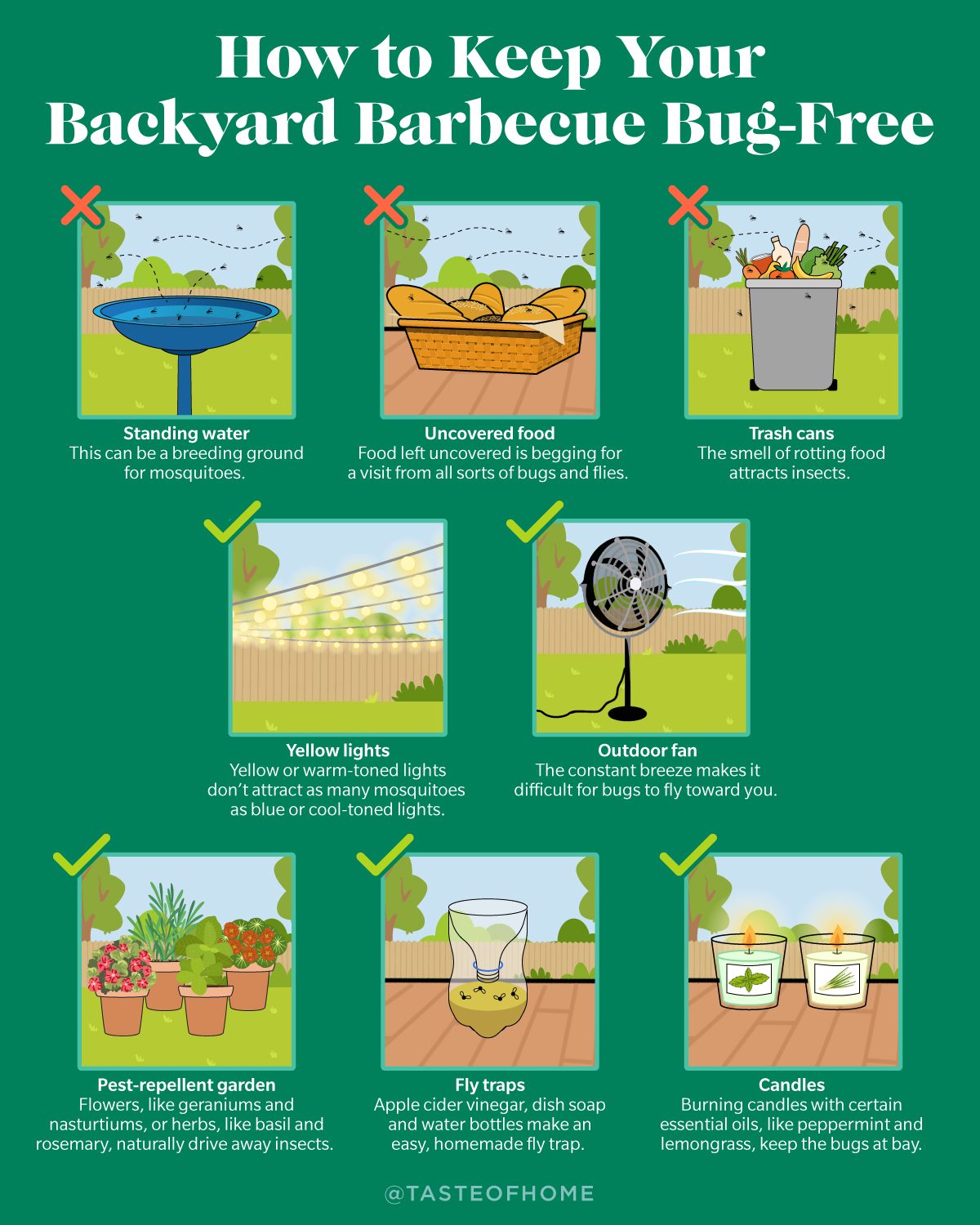 How To Keep Your Backyard Barbecue Bug Free Infographic on green background with do's and don't's marked with crosses and ticks.
