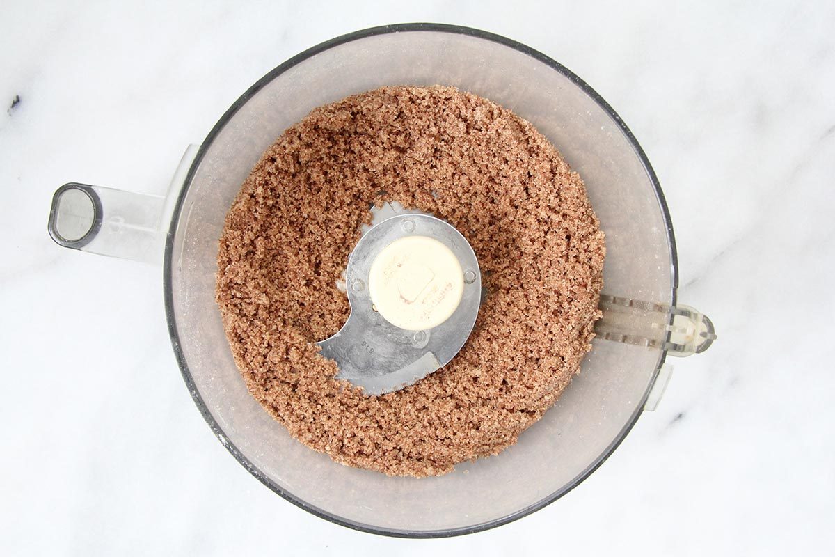brown sugar, flour, unsalted butter and grated semi-sweet chocolate in the bowl of a food processor