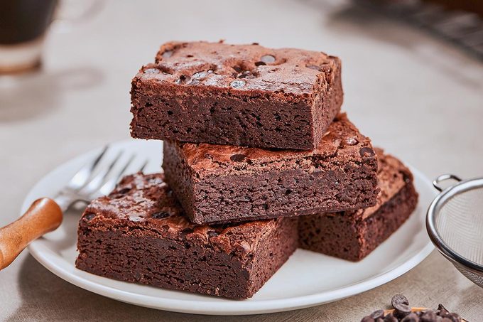 Homemade chocolate brownies served and ready to eat