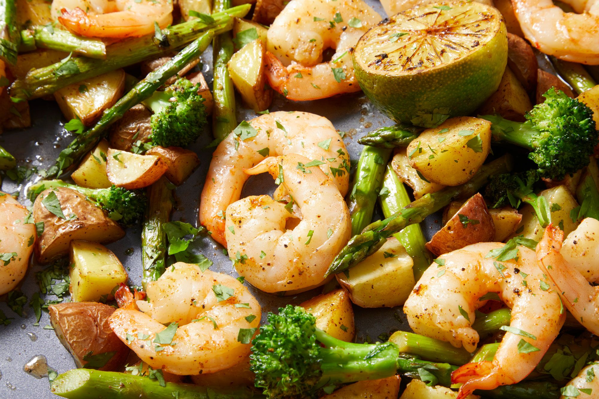 Close up shot of Sheet-Pan Chipotle-Lime Shrimp Bake
