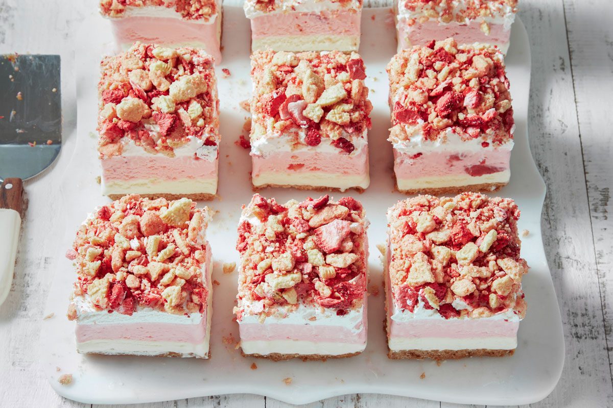 high angle shot of Strawberry Crunch Ice Cream Cake