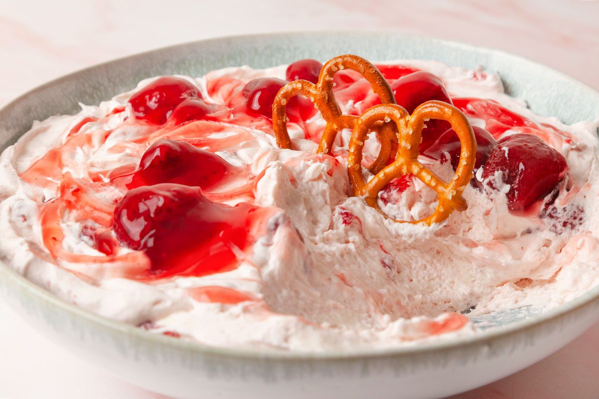 Strawberry Pretzel Salad Dip served ready to eat