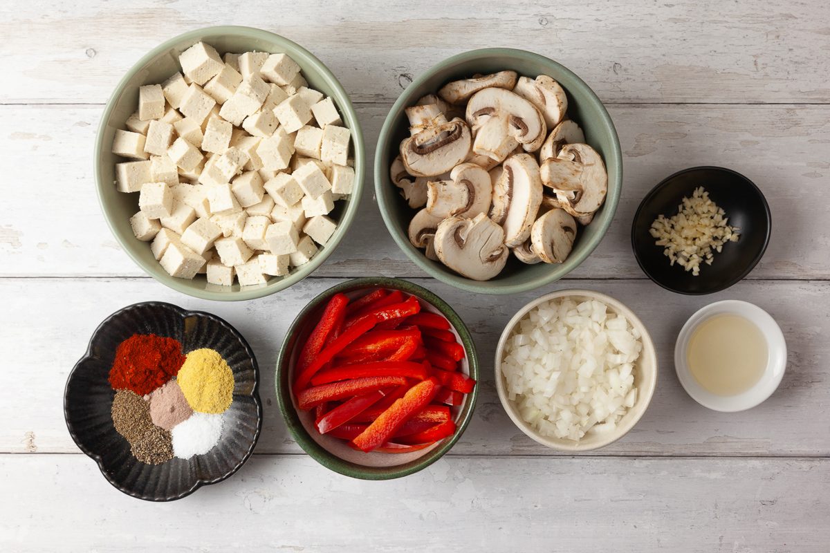 mushrooms, bell peppers, vegetables, seasonings, yeast, tofu, vinegar and Indian black salt