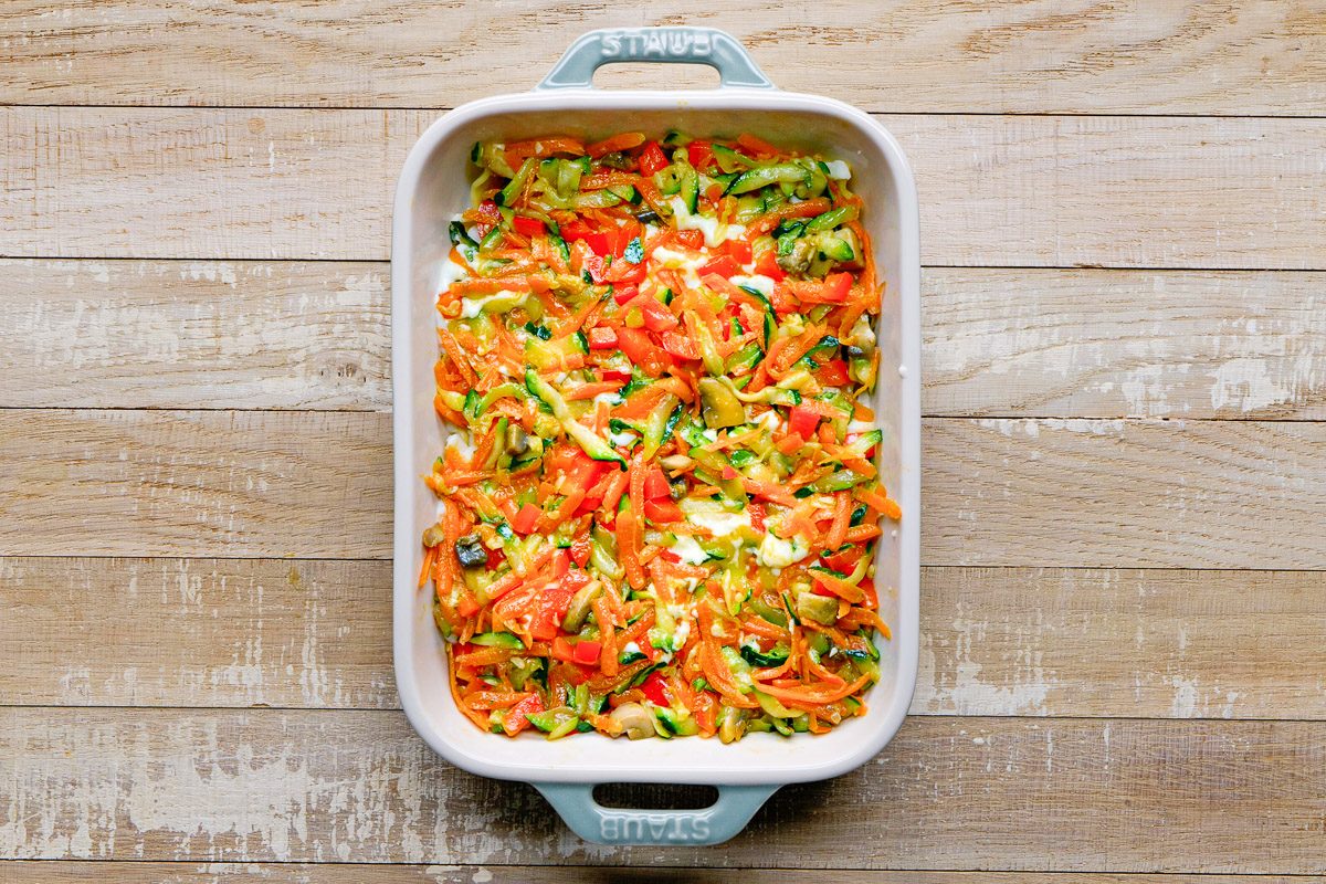 vegetables layered in baking dish