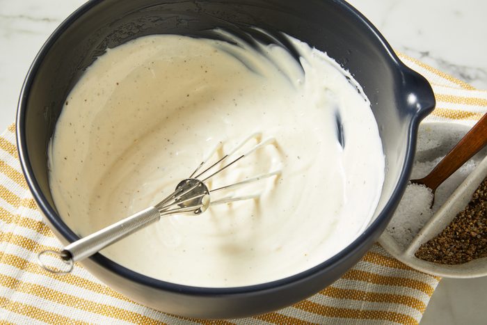 mayonnaise, vinegar, salt and pepper whisked together in a small bowl