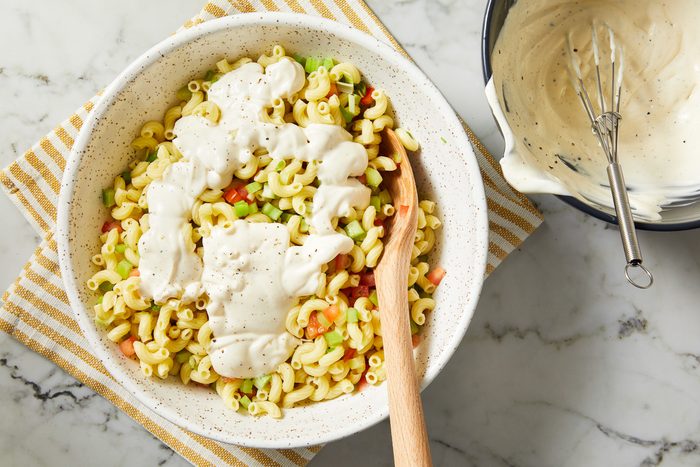 dressing poured over the macaroni mixture