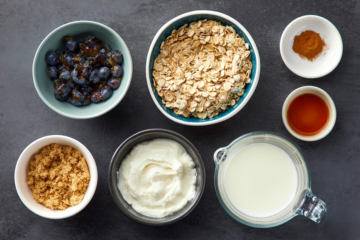 Overhead shot of all ingredients; dark surface