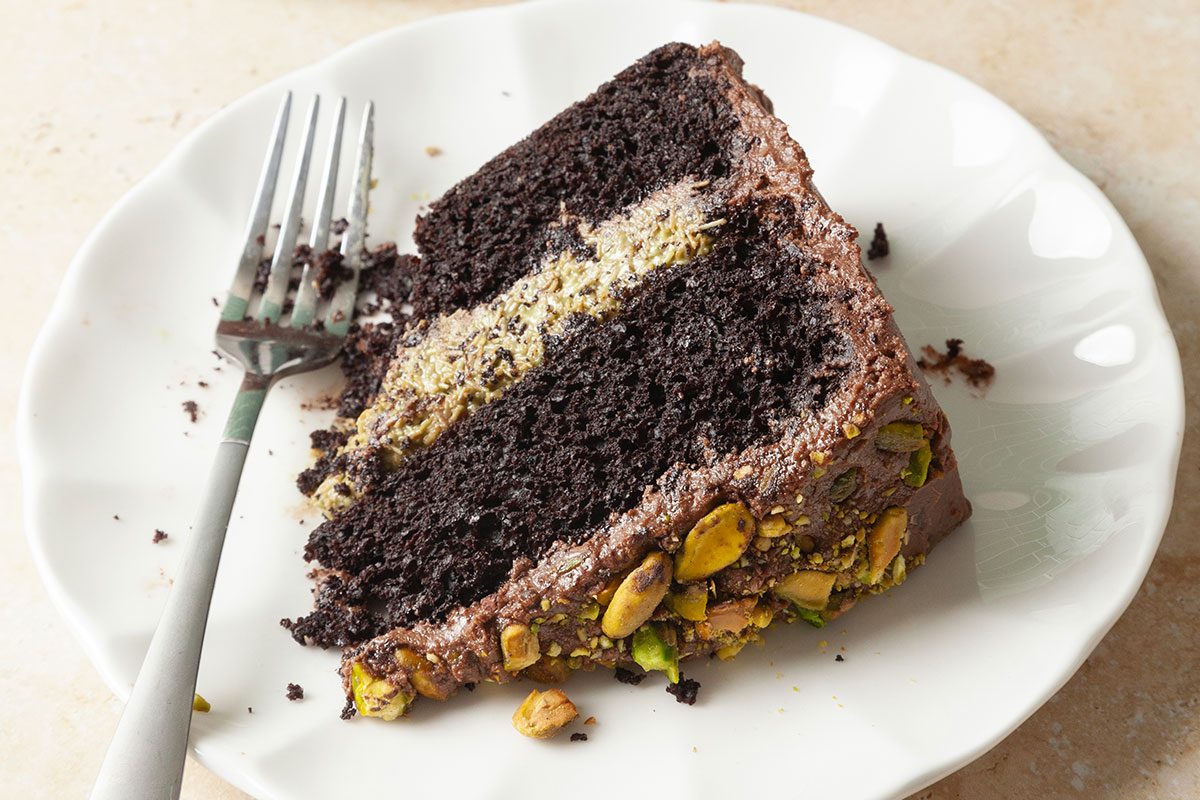 Dubai Chocolate Cake slice in a plate, ready to eat