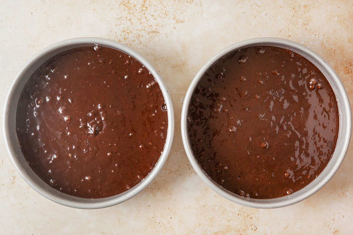 freshly prepared batter in two bake pan, ready to bake