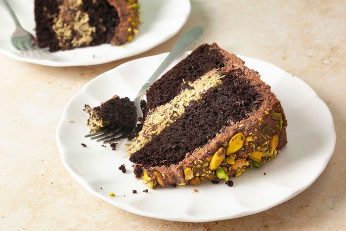 Dubai Chocolate Cake slice in a plate, ready to eat