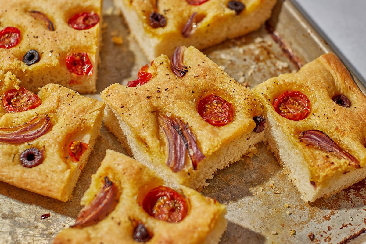 Focaccia in a baking tray