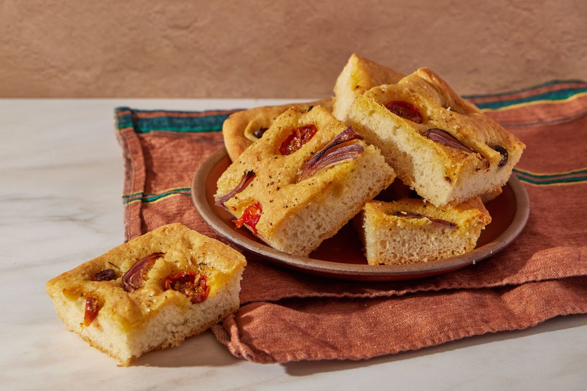 Focaccia served on a plate and ready to eat